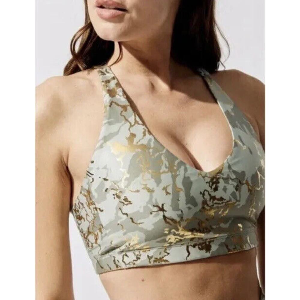 NWT Carbon38 Marble Shine Cross Back Sports Bra In Utility Green & Gold. Size XS
